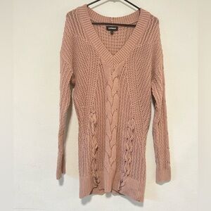 Express Chunky Knit Dusty Rose Pink V Neck Lace Up Style Sweater Size XS